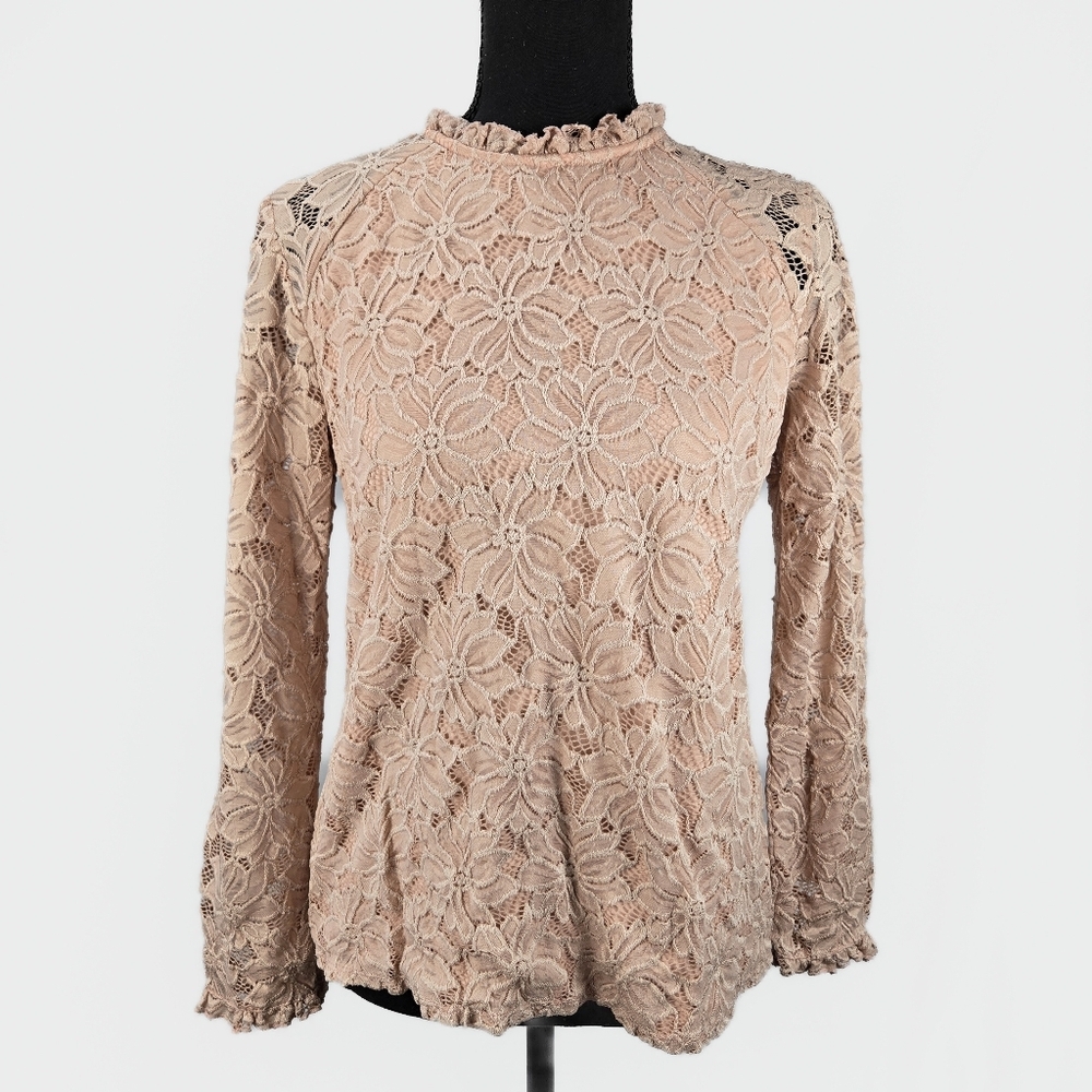 🔥 (5for$35) IVANKA TRUMP Light Pink Ruffle High Neck Lace LongSleeve Blouse